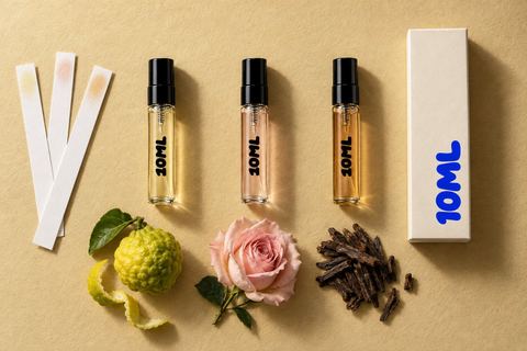 Tres decants de 10ML de 3ml de perfumes dorados, rosas y ambarados, con una fruta de bergamota, una rosa pálida y virutas de madera de oud oscura