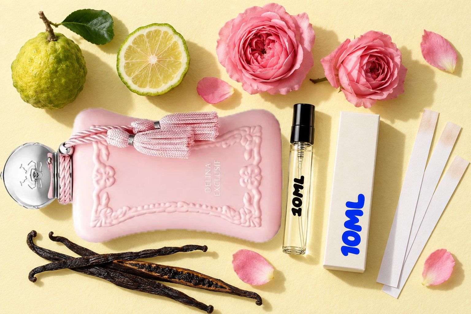 Delina Exclusif by Parfums de Marly next to a 10ML decant, with bergamot, rose and vanilla, its key notes
