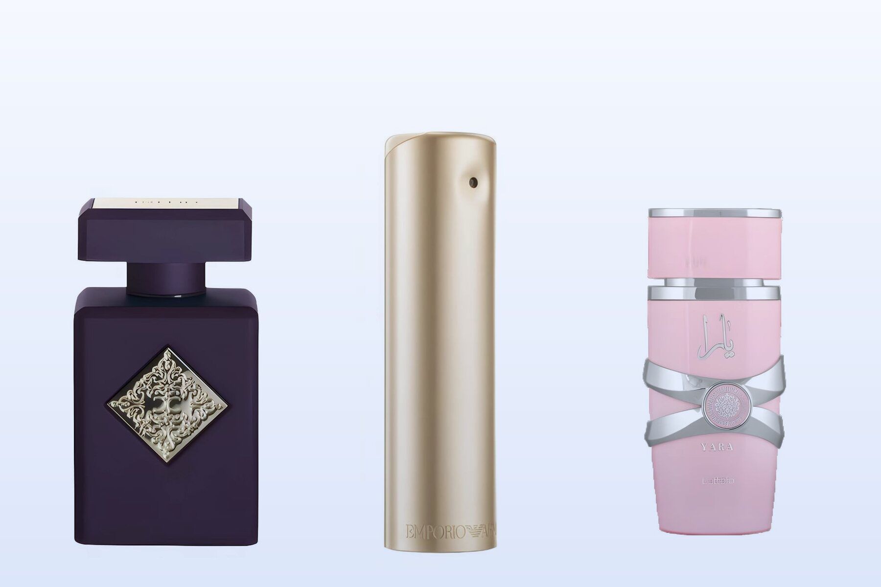 Psychedelic Love by Initio Parfums Prives, Emporio Armani She by Giorgio Armani and Yara by Lattafa, three bottles on a pale blue background