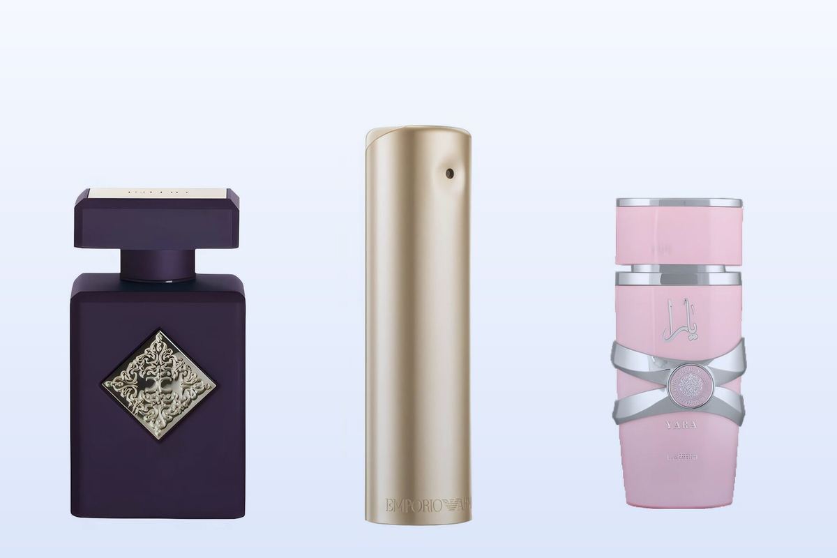 Psychedelic Love by Initio Parfums Prives, Emporio Armani She by Giorgio Armani and Yara by Lattafa, three bottles on a pale blue background
