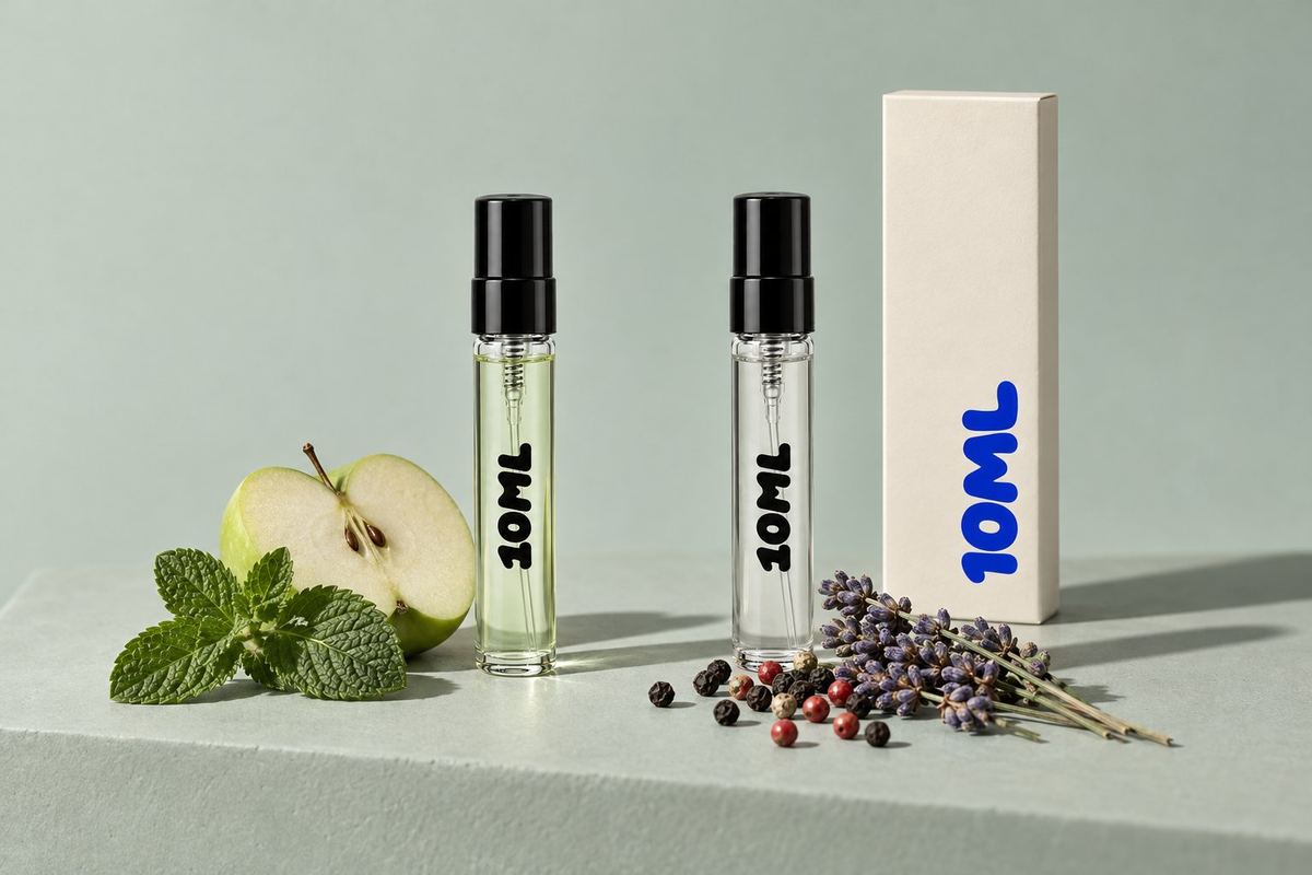 Two 10ML 3ml decants, one pale green with mint and a green apple and one silver-grey with lavender and peppercorns, the two perfumes this guide sets side by side