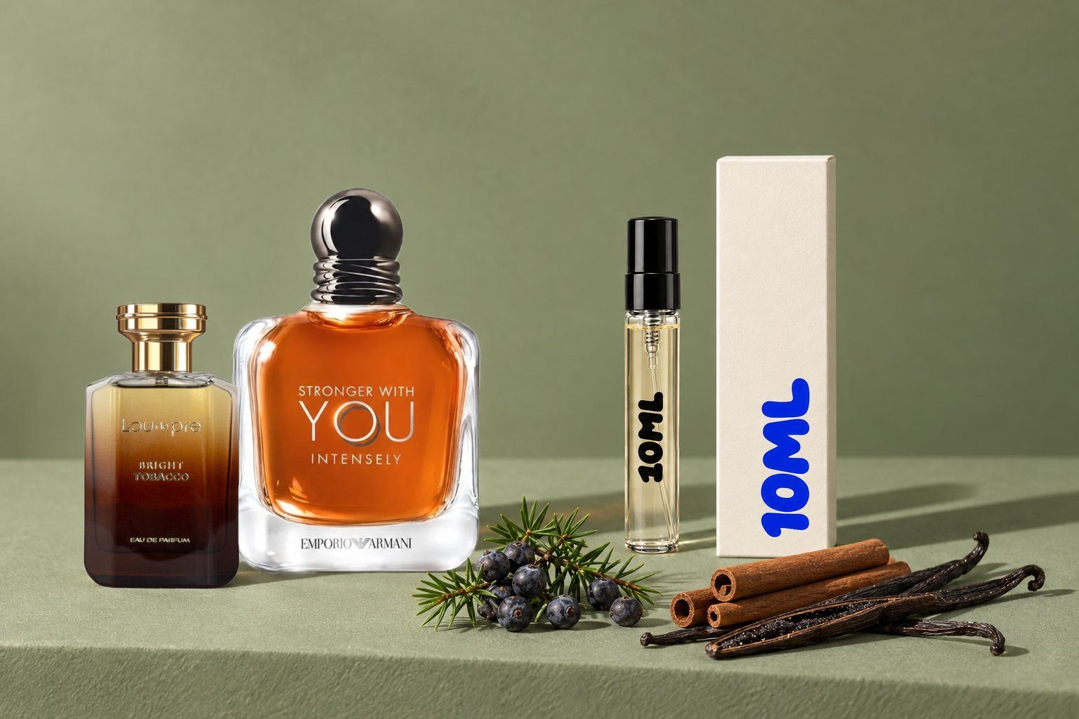 Stronger With You Intensely van Giorgio Armani (Emporio Armani) en Bright Tobacco van Lou de Pre naast een 10ML-decant, met de belangrijkste noten van Stronger With You Intensely: jeneverbessen, kaneel en vanille