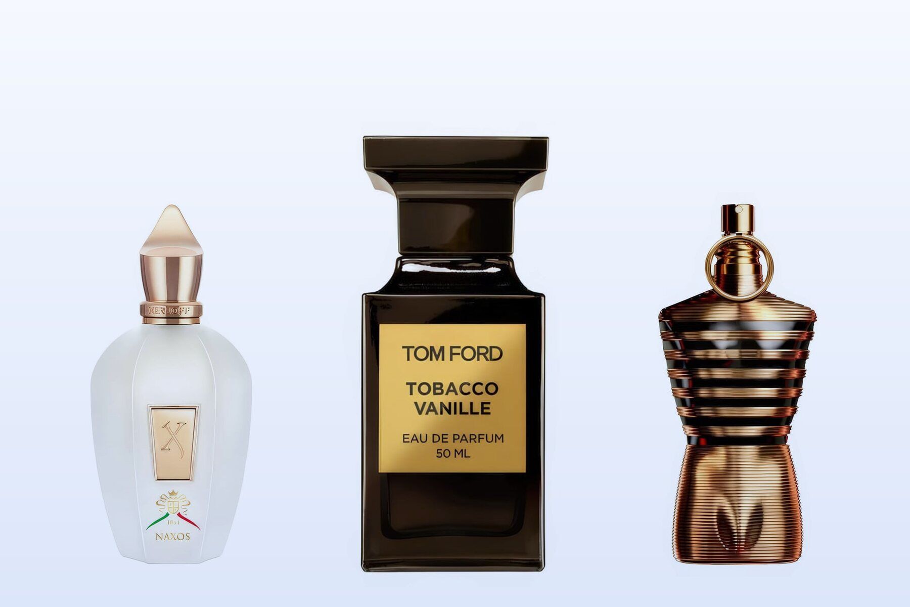 Three bottles on a pale blue background, XJ 1861 Naxos on the left, Tobacco Vanille in the middle and Le Male Elixir on the right