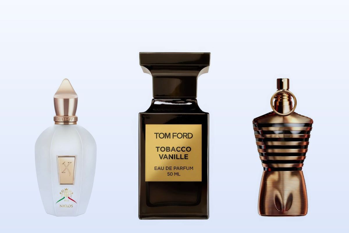 Three bottles on a pale blue background, XJ 1861 Naxos on the left, Tobacco Vanille in the middle and Le Male Elixir on the right