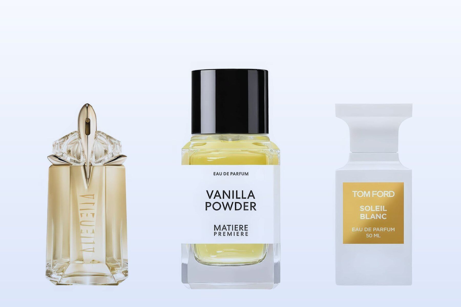Mugler Alien Goddess, Matiere Premiere Vanilla Powder and Tom Ford Soleil Blanc bottles on a pale blue background
