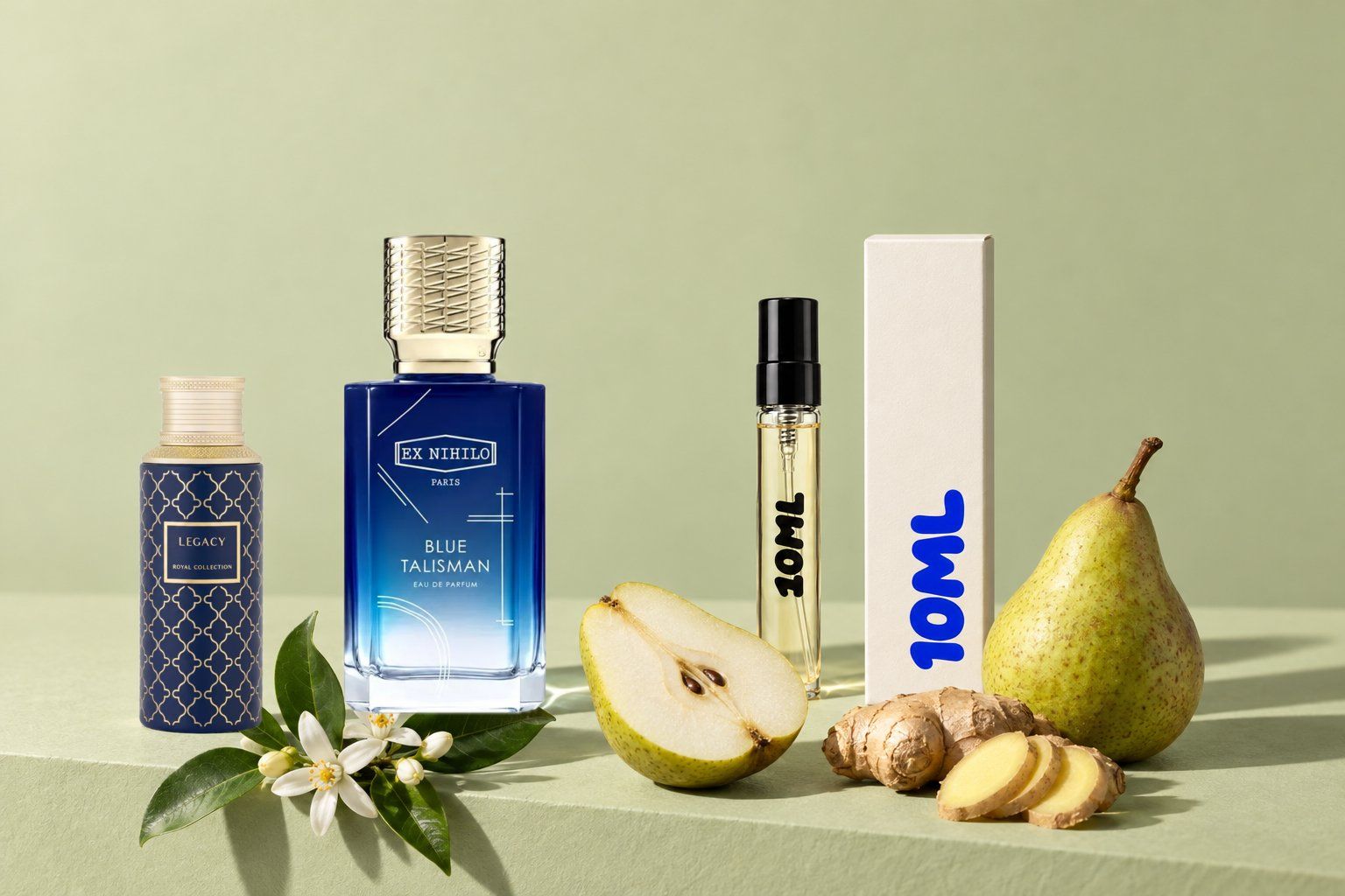 Blue Talisman od Ex Nihilo vedle odstřiku 10ML, s hruškou, zázvorem a pomerančovým květem, jeho hlavními notami