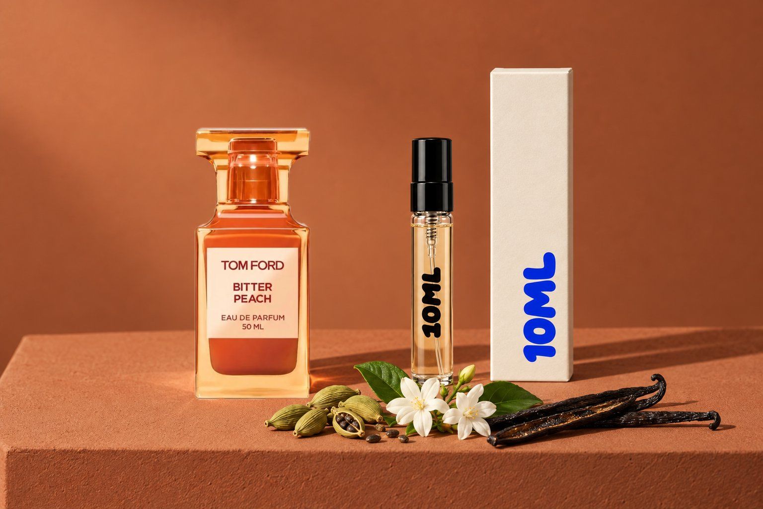 Bitter Peach by Tom Ford next to a 10ML decant, with cardamom, jasmine and vanilla, its key notes