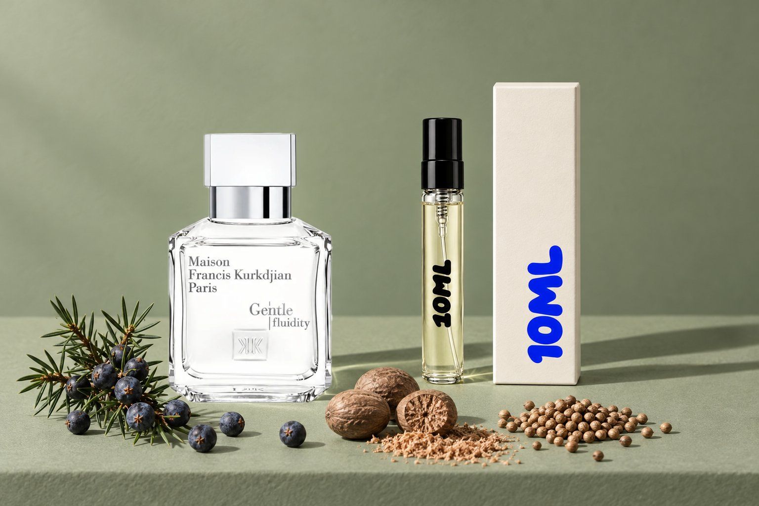 Gentle Fluidity Silver van Maison Francis Kurkdjian naast een 10ML-decant, met jeneverbessen, nootmuskaat en korianderzaad, de belangrijkste noten