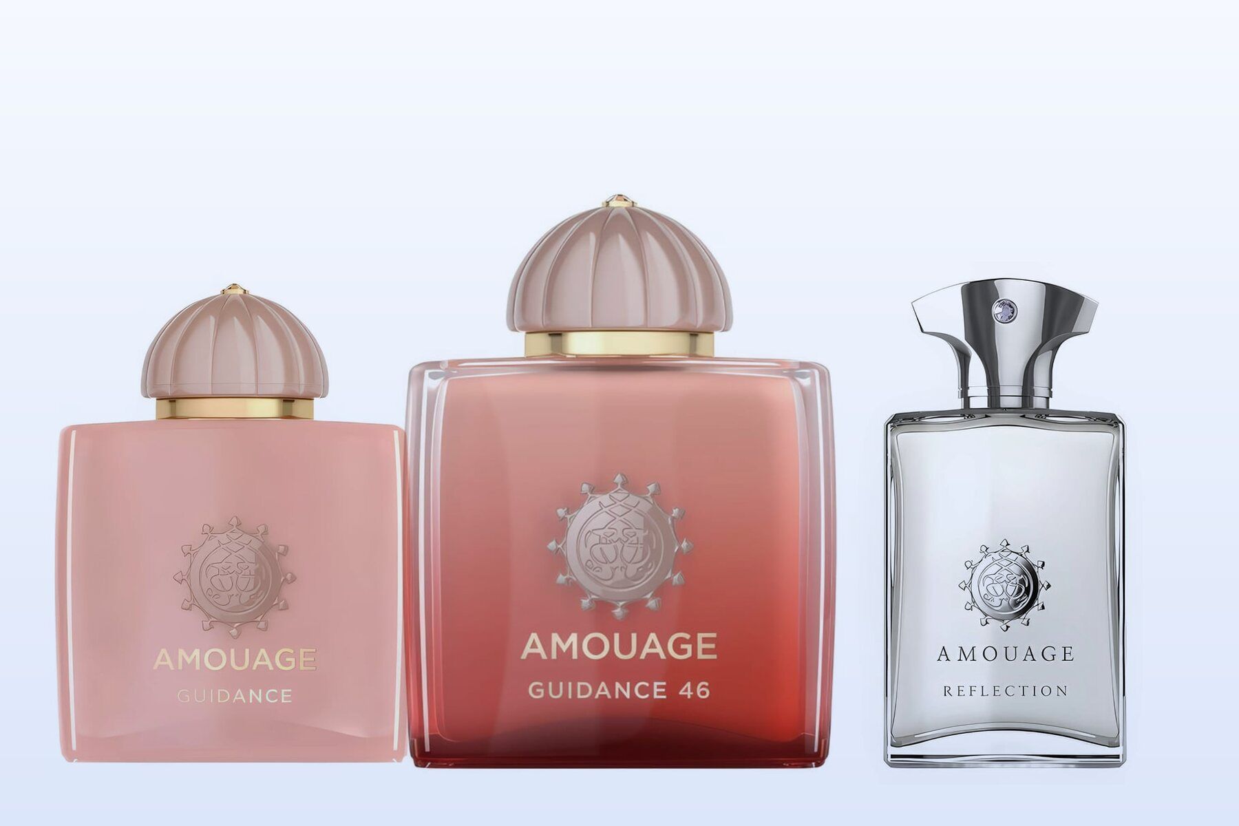 Three fragrance bottles, Guidance, Guidance 46 and Reflection Man, on a pale blue background