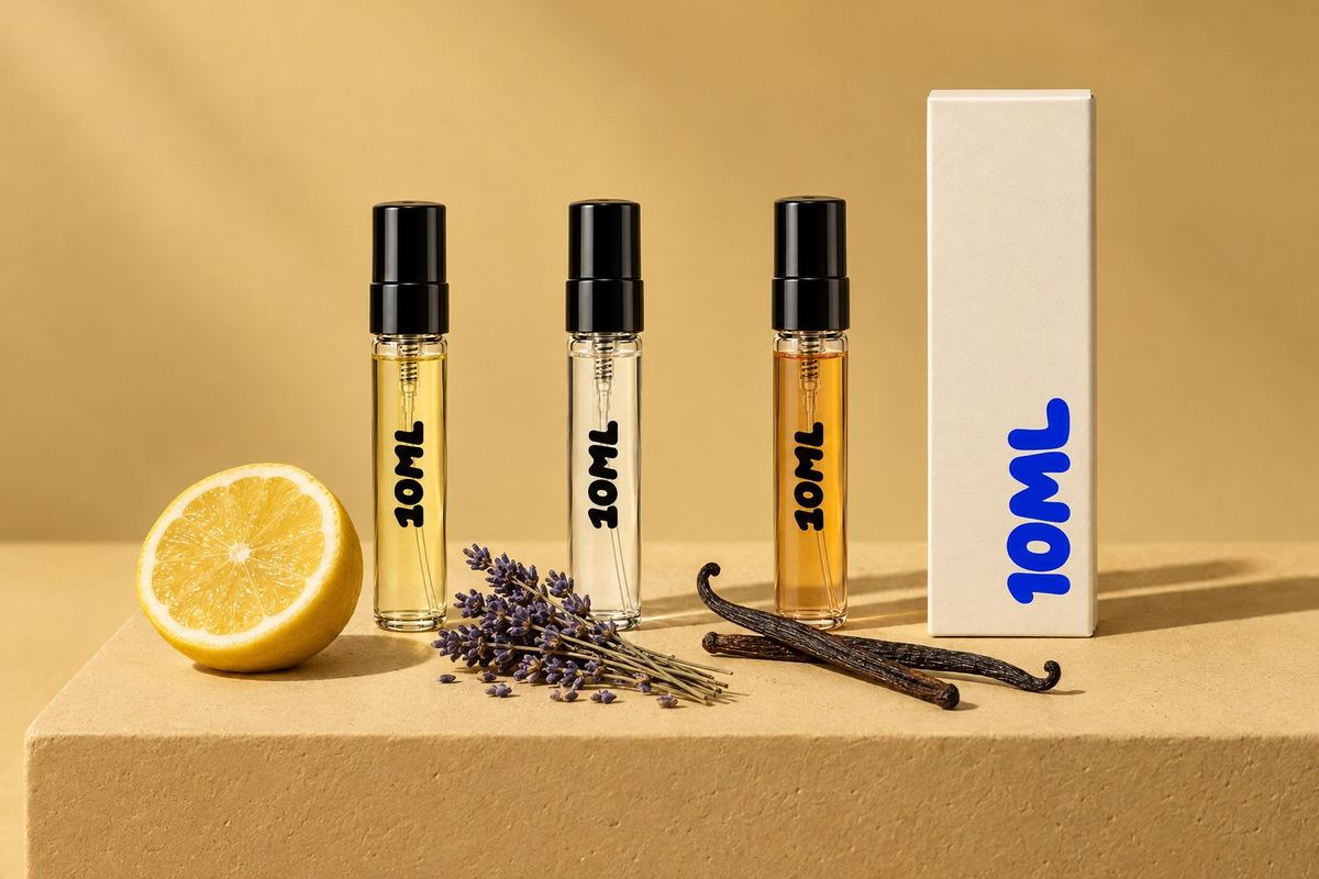 Trei decanturi 10ML de 3ml cu parfumuri aurii, limpezi și chihlimbarii, cu o lămâie tăiată în jumătate, lavandă uscată și batoane de vanilie