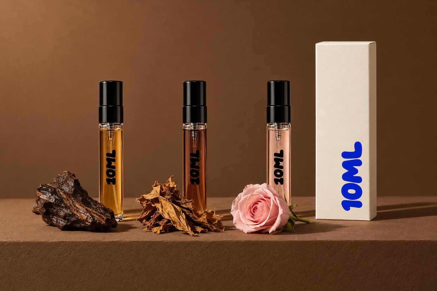 Three 10ML 3ml decants with dark agarwood, dried tobacco leaves and a pale pink rose, the notes of the Initio perfumes
