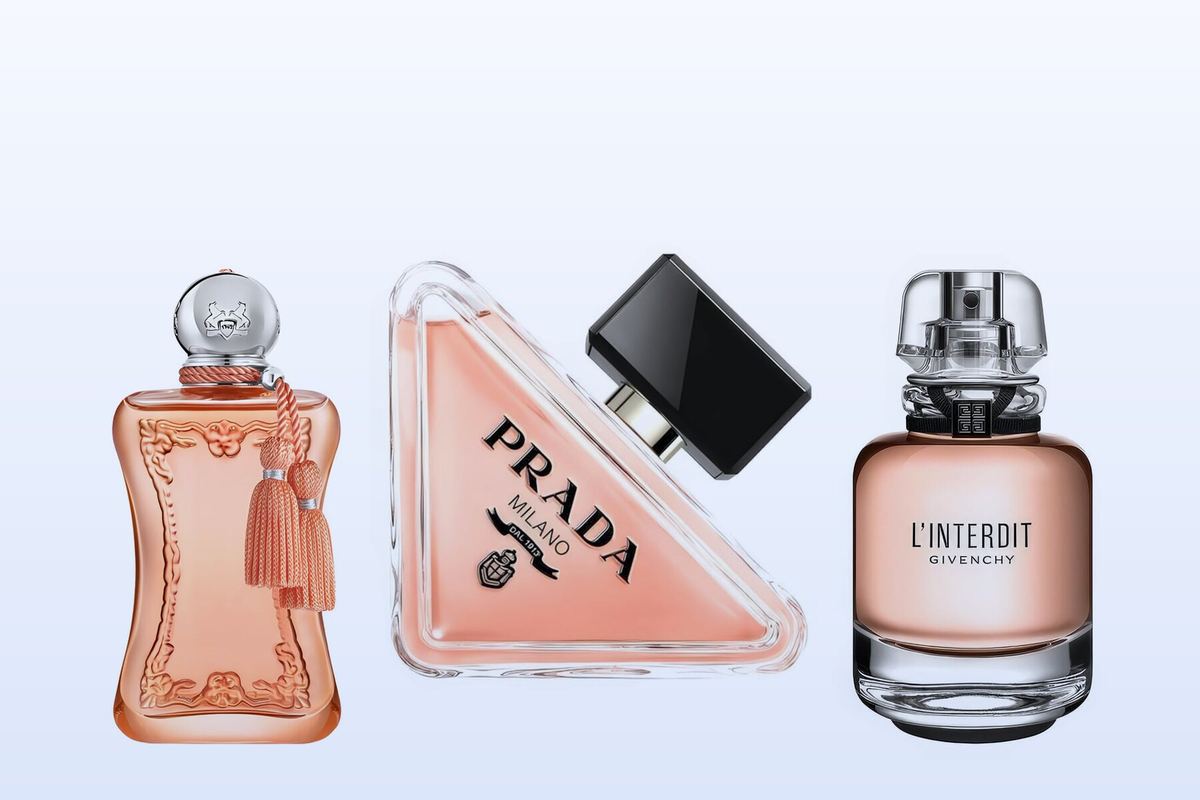 Three bottles on a pale blue background, Athénaïs, Prada Paradoxe and L'Interdit Eau de Parfum