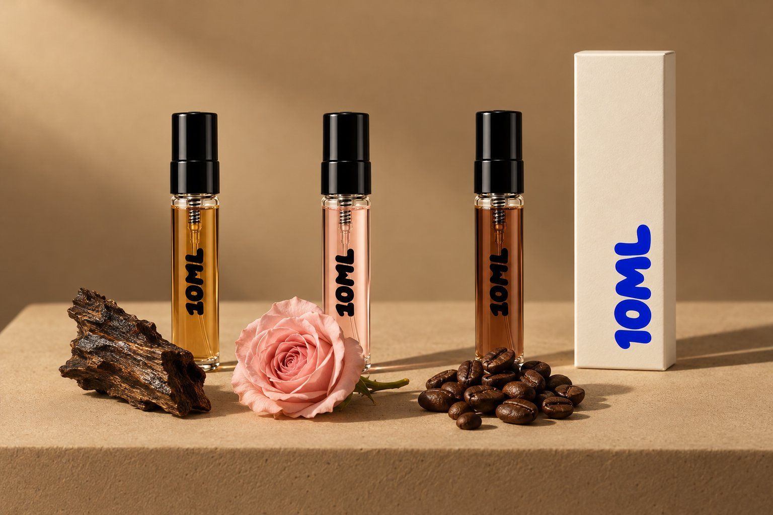 Drie 10ML 3ml-decants met een stuk agarhout, een roze roos en gebrande koffiebonen, de noten van de Montale-parfums