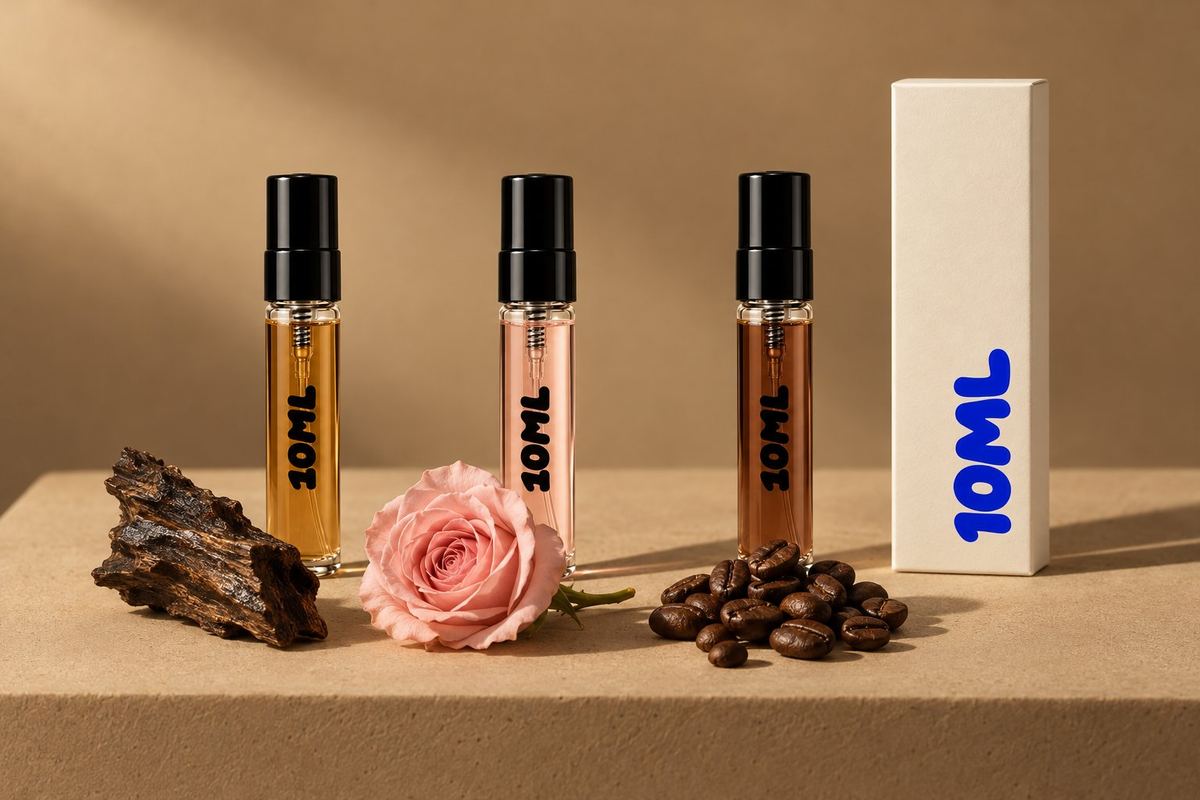 Drie 10ML 3ml-decants met een stuk agarhout, een roze roos en gebrande koffiebonen, de noten van de Montale-parfums