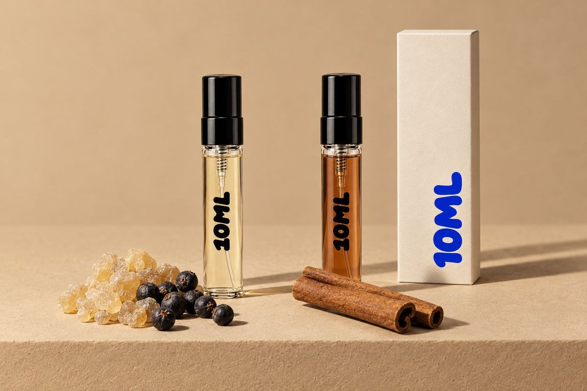 Two 10ML 3ml decants, one golden and one cinnamon brown, beside frankincense resin, juniper berries and cinnamon sticks, the notes of Amouage Decision and Decision 42 Man