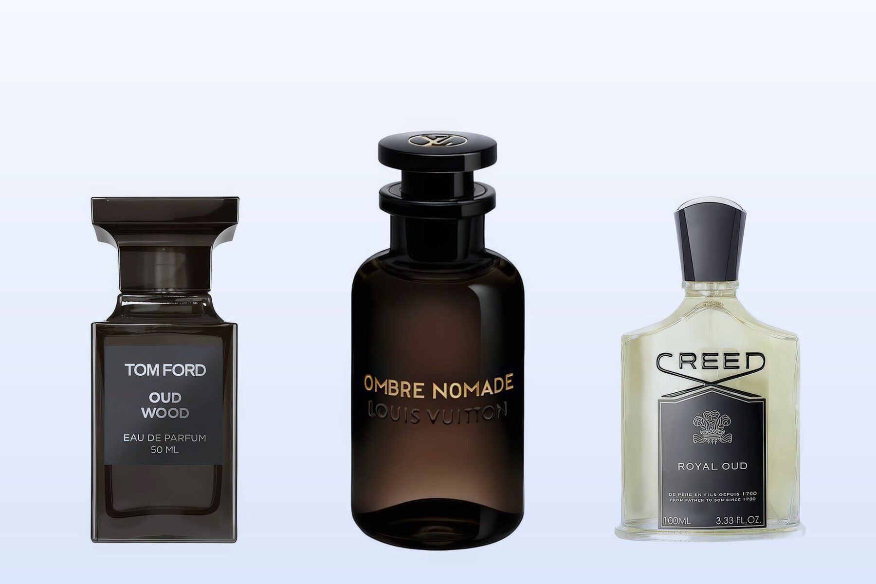 Three fragrance bottles, Oud Wood, Ombre Nomade and Royal Oud, on a pale blue background