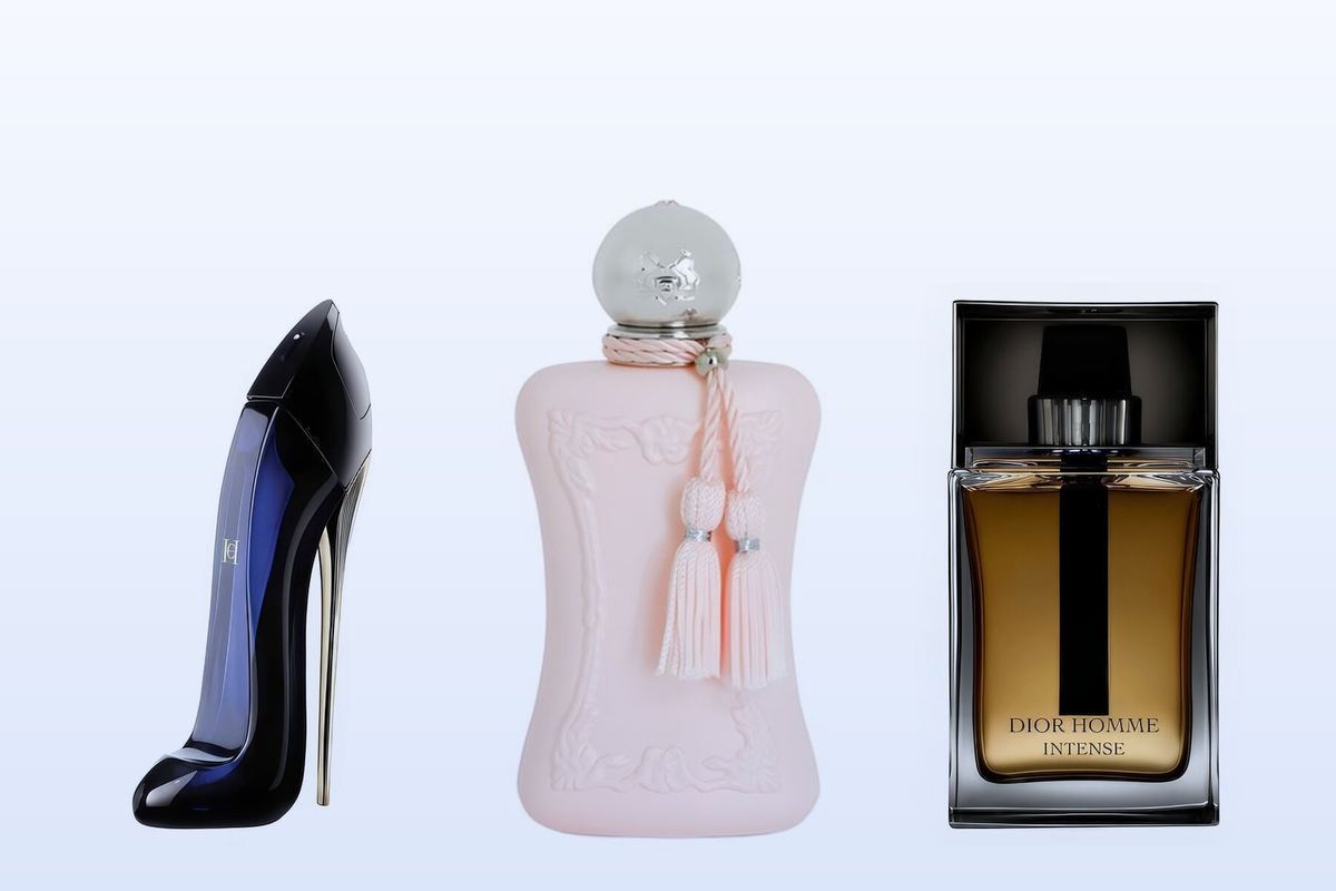 Three fragrance bottles, Good Girl, Delina and Dior Homme Intense, on a pale blue background
