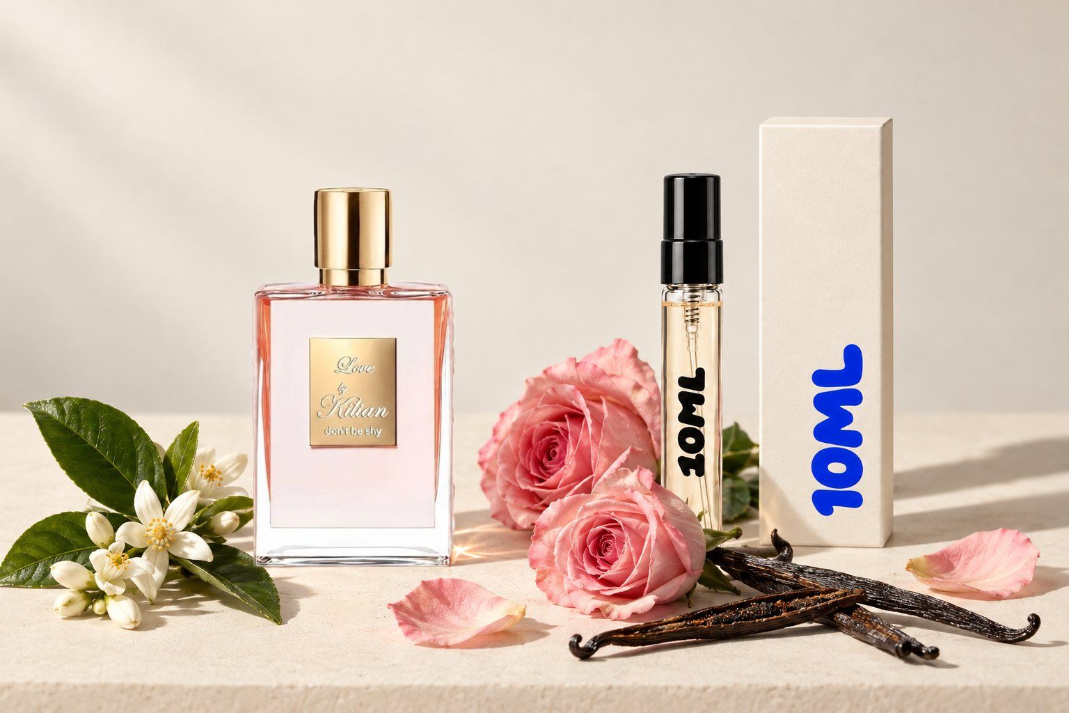 Love, Don't Be Shy by By Kilian (Kilian Paris) next to a 10ML decant, with orange blossom, rose and vanilla, its key notes