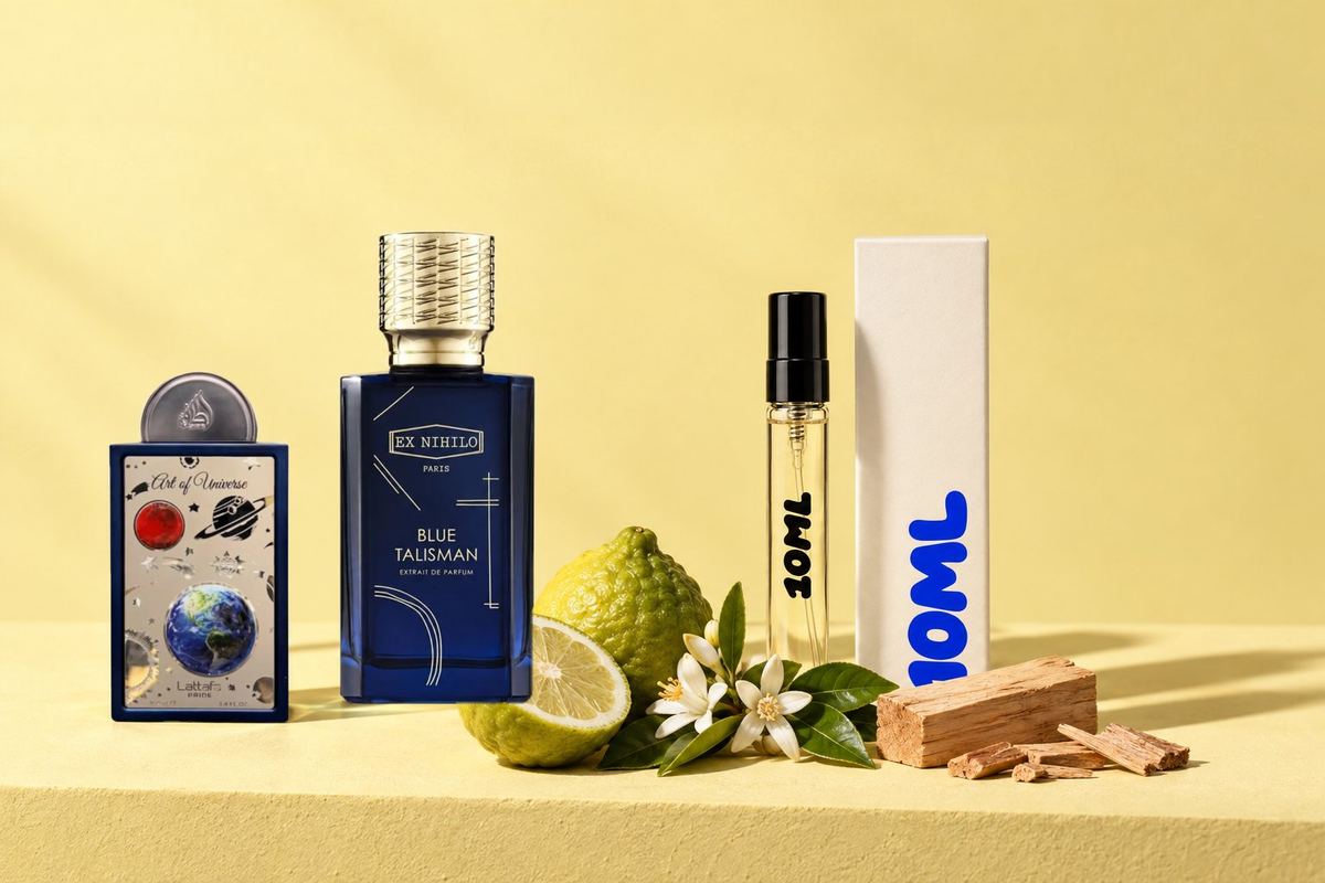Blue Talisman Extrait de Parfum by Ex Nihilo next to Art of Universe by Lattafa Pride, with a 10ML decant and the 10ML box