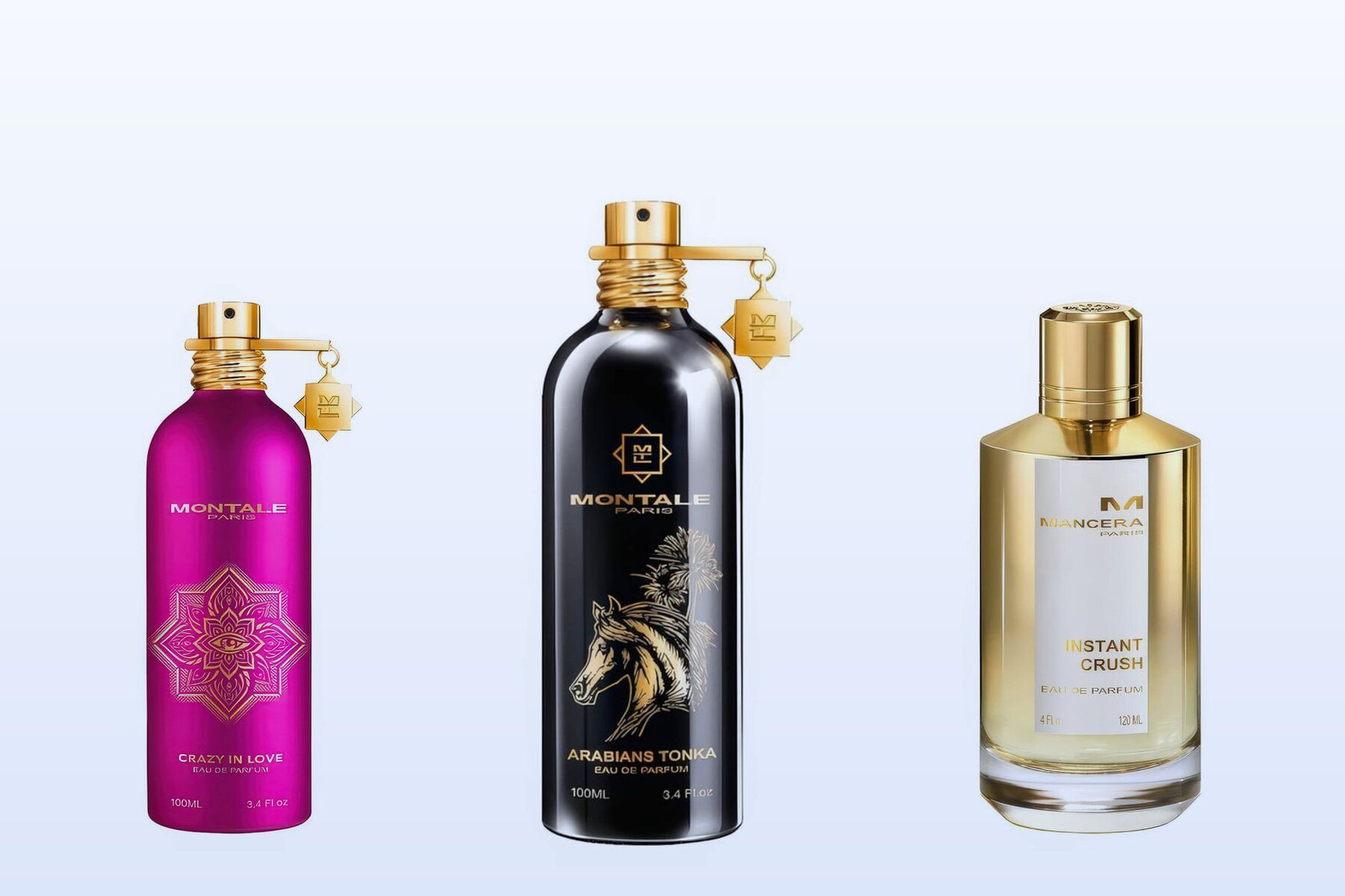 Crazy In Love, Arabians Tonka e Instant Crush, tre flaconi su uno sfondo azzurro pallido