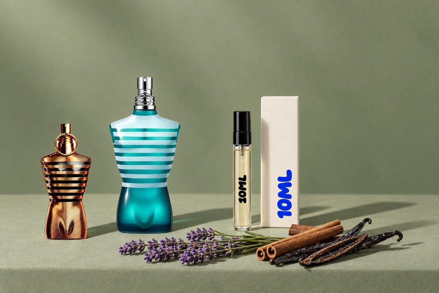 Le Male von Jean Paul Gaultier neben einer 10ML-Abfüllung, mit den Hauptnoten: Lavendel, Zimt und Vanille