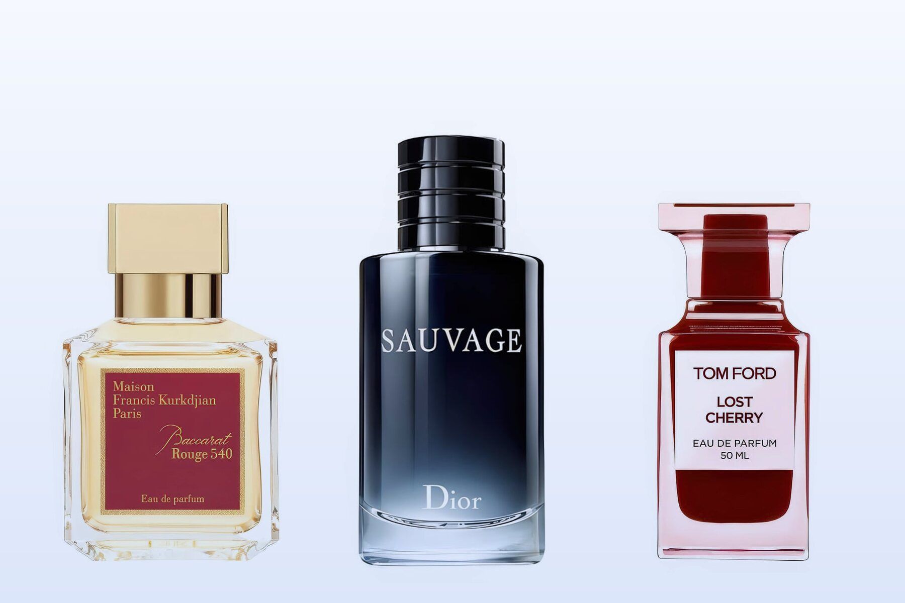 Maison Francis Kurkdjian Baccarat Rouge 540, Dior Sauvage and Tom Ford Lost Cherry bottles on a pale blue background