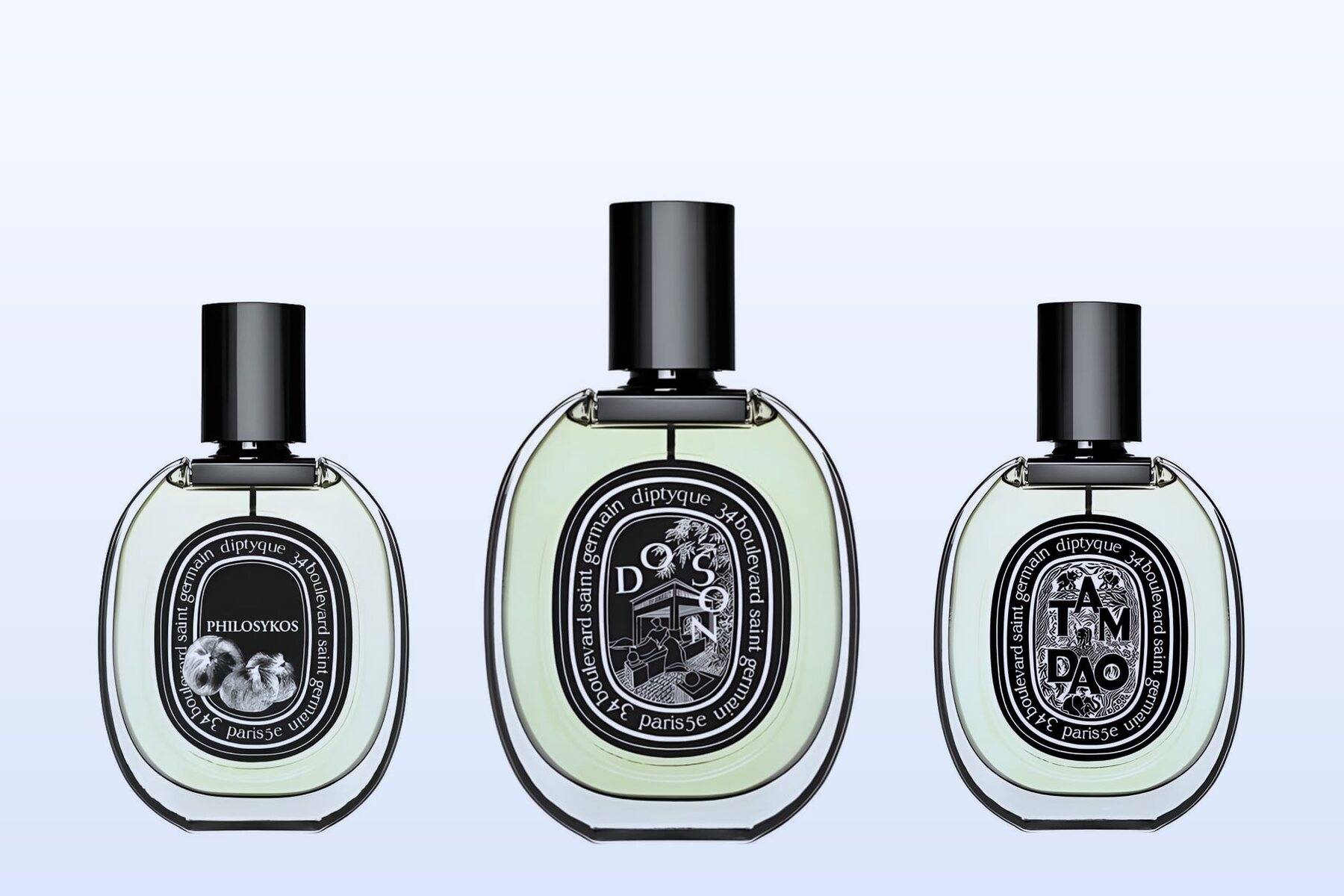 Three fragrance bottles, Philosykos, Do Son and Tam Dao, on a pale blue background