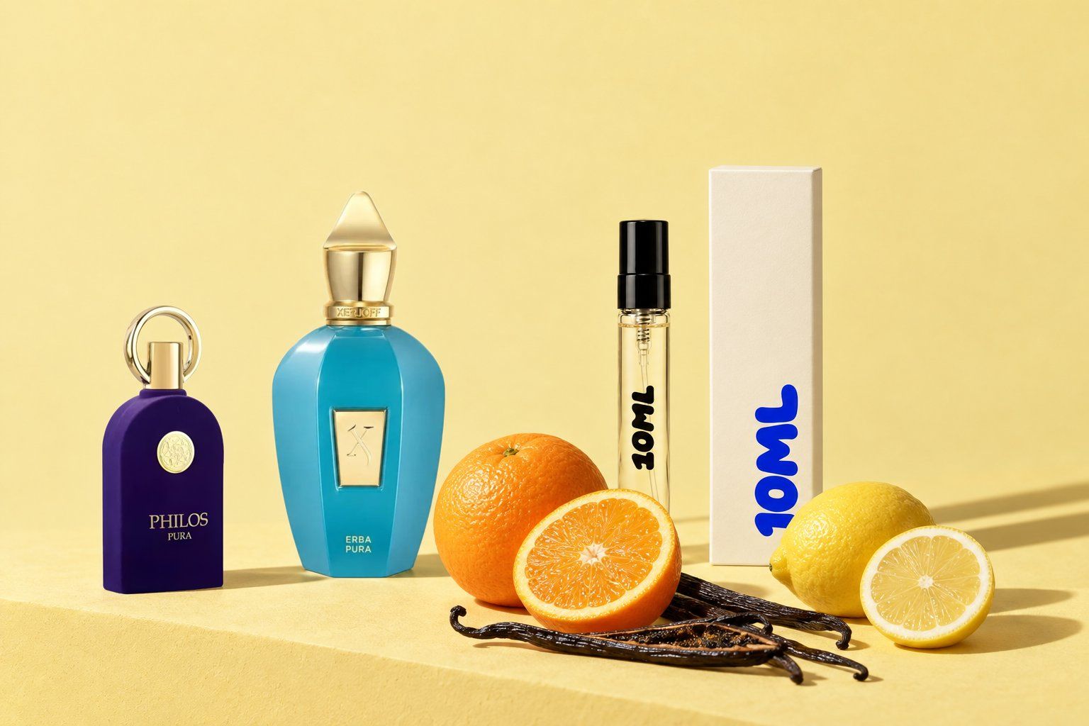 Erba Pura von Xerjoff neben einer 10ML-Abfüllung, mit den Hauptnoten: Orange, Zitrone und Vanille