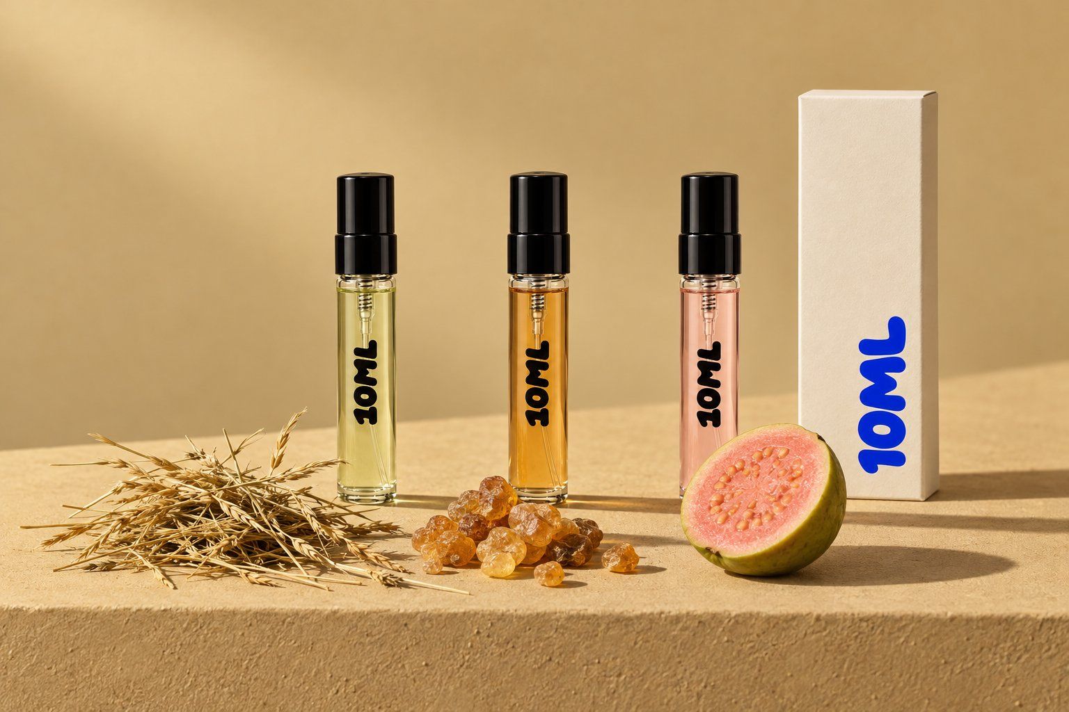Three 10ML 3ml decants with dried hay, amber incense resin and a halved guava, the notes of four Zoologist perfumes