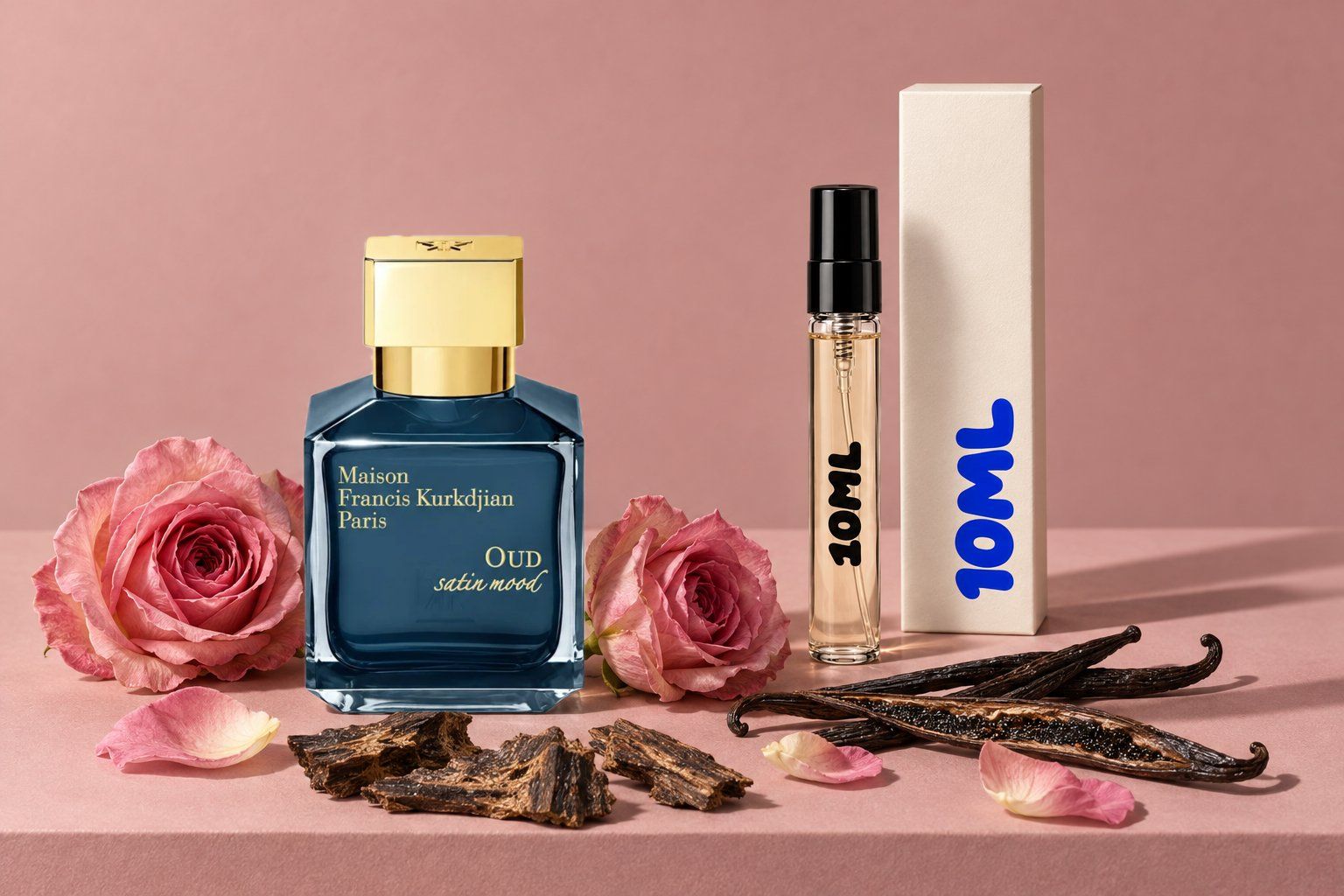 Oud Satin Mood by Maison Francis Kurkdjian next to a 10ML decant, with rose, oud and vanilla, its key notes