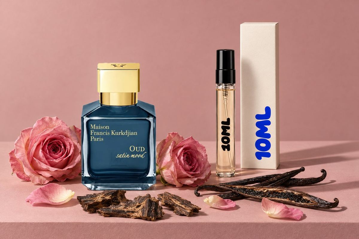 Oud Satin Mood by Maison Francis Kurkdjian next to a 10ML decant, with rose, oud and vanilla, its key notes