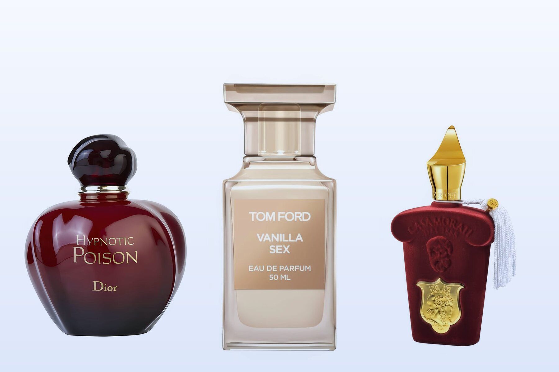 Tres frascos sobre un fondo azul claro: Hypnotic Poison, Vanilla Sex e Italica