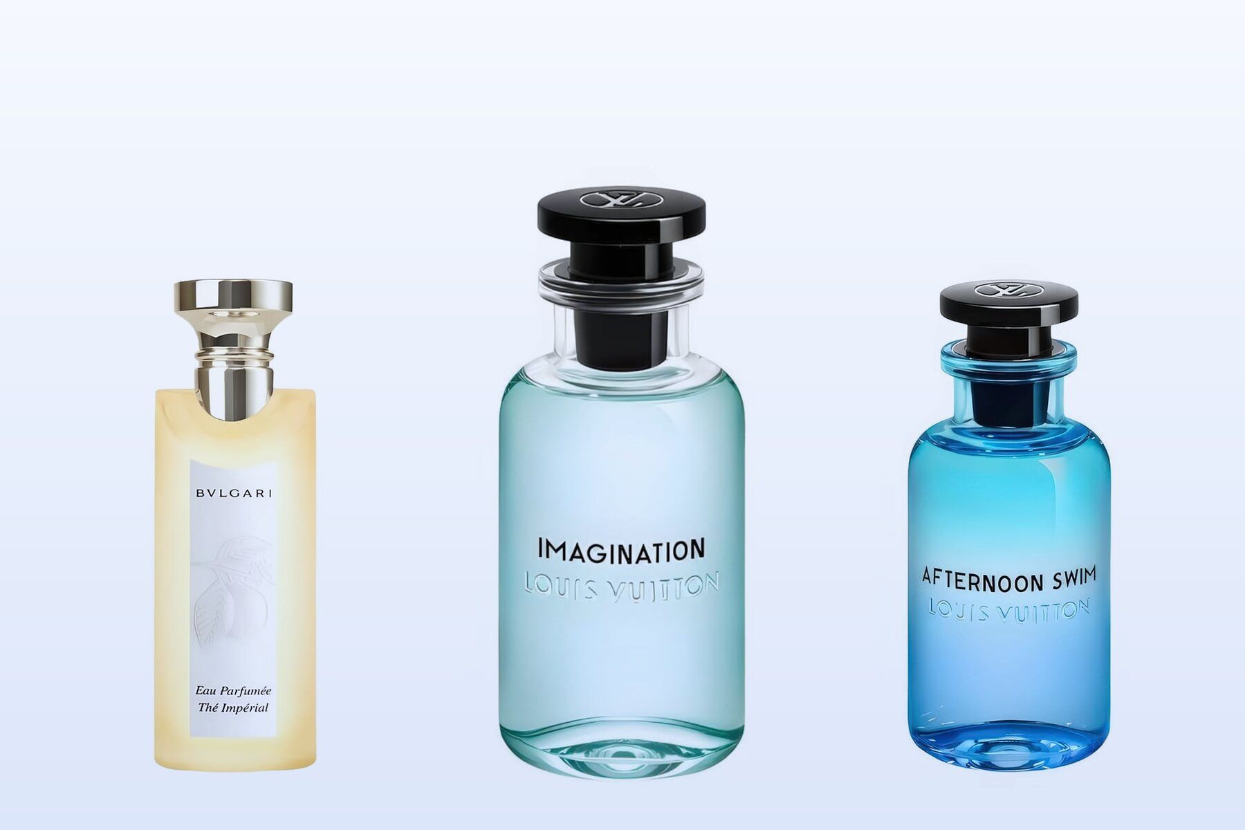 Three bottles on a pale blue background, Eau Parfumée Thé Impérial, Imagination and Afternoon Swim