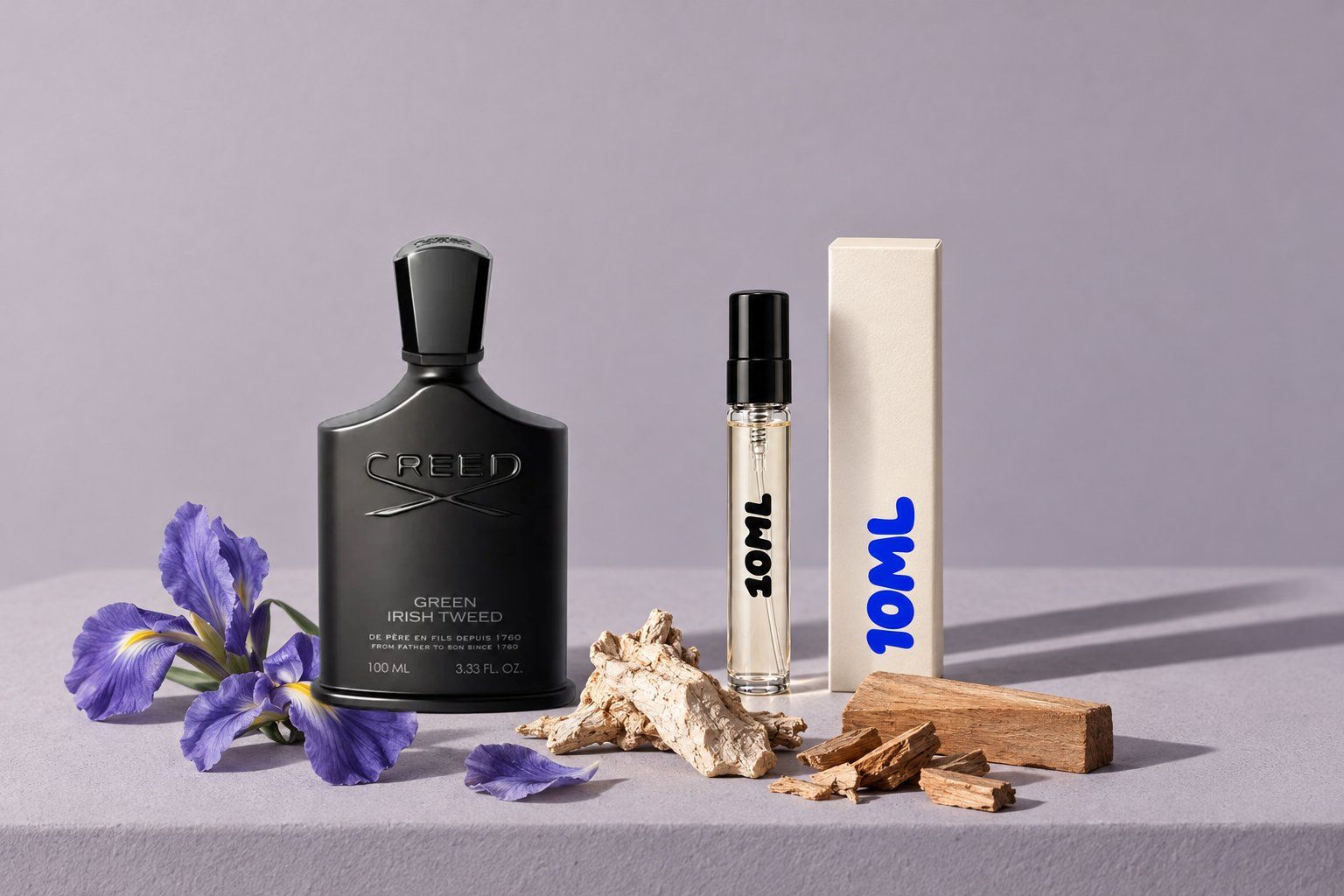 Green Irish Tweed by Creed next to a 10ML decant, with iris and sandalwood, its key notes