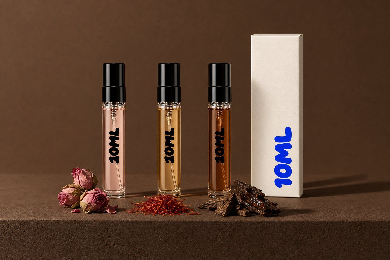 Three 10ML decants of soft to dark oud perfumes with dried rosebuds, saffron threads and dark agarwood wood chips
