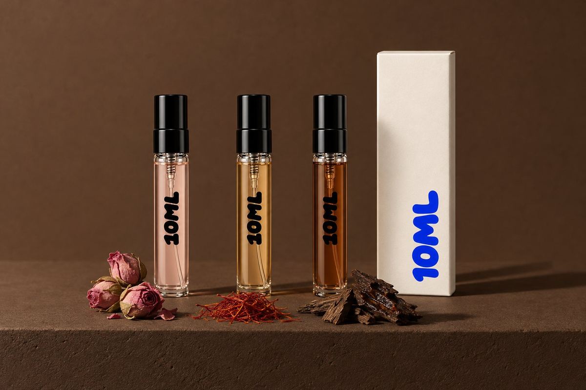 Tre decant 10ML di profumi all'oud, da morbidi a scuri, con boccioli di rosa essiccati, fili di zafferano e scaglie scure di legno di agar
