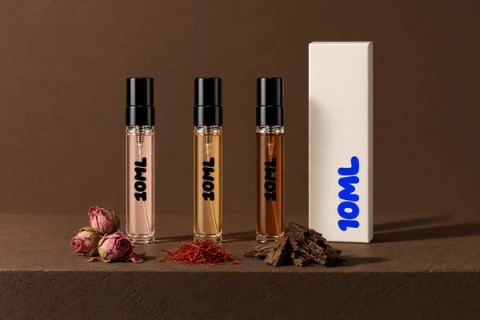 Tres decants 10ML de perfumes de oud, de suaves a oscuros, con capullos de rosa secos, hebras de azafrán y virutas oscuras de madera de agar