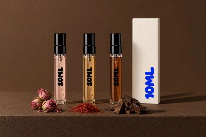 Three 10ML decants of soft to dark oud perfumes with dried rosebuds, saffron threads and dark agarwood wood chips
