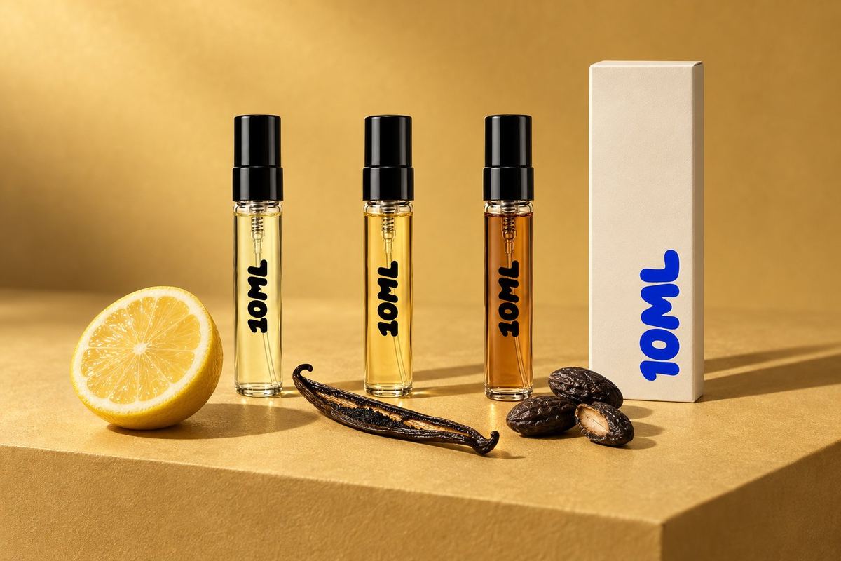 Drie 10ML 3ml-decants met een gehalveerde citroen, een vanillestok en tonkabonen, de geurnoten van de Versace-parfums