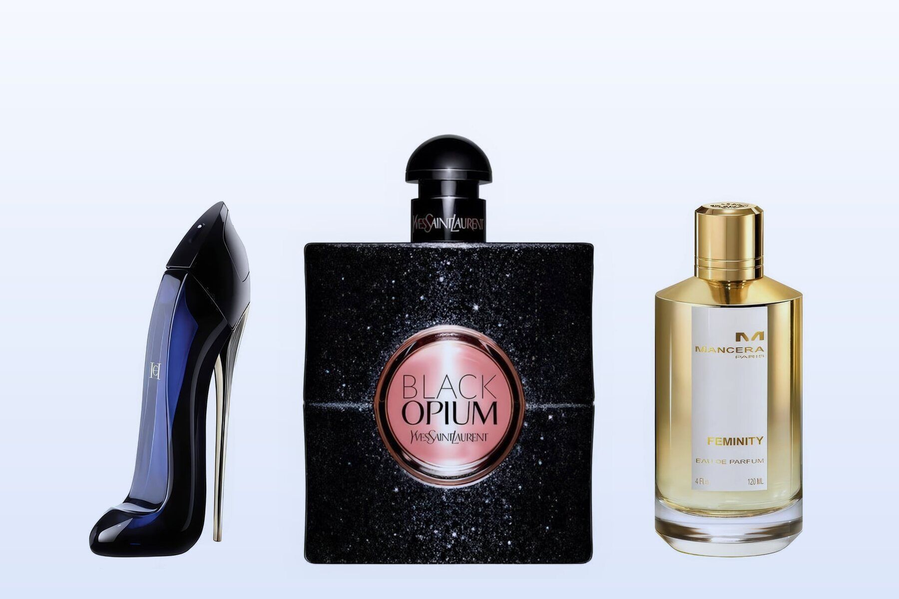 Three bottles on a pale blue background: Good Girl, Black Opium and Feminity