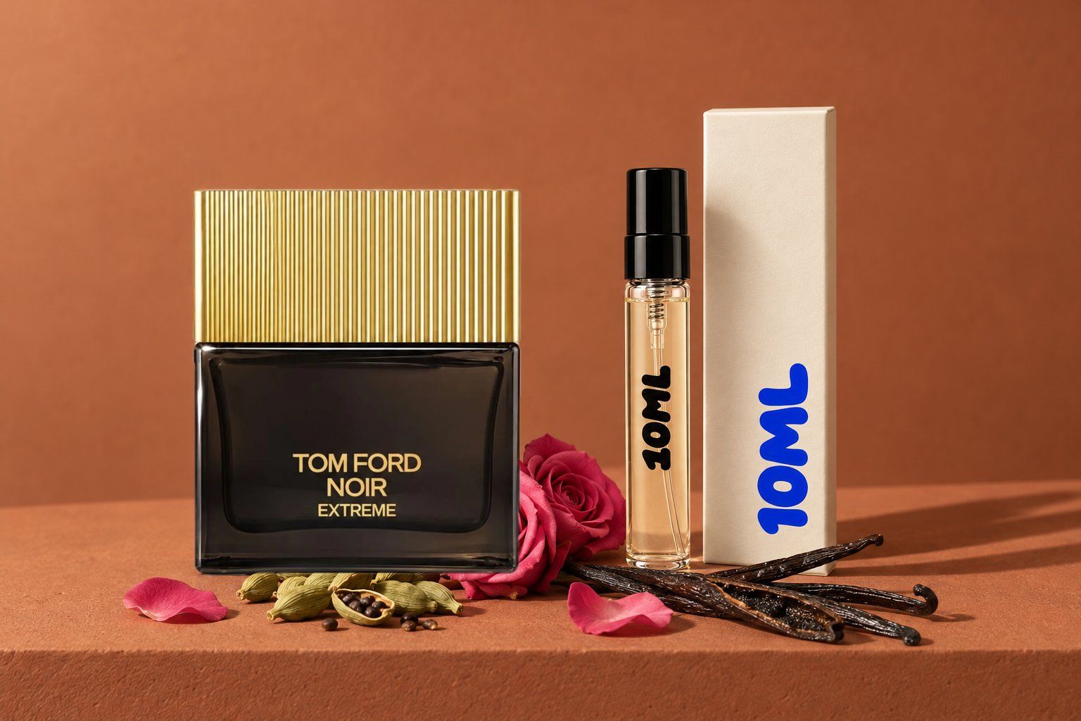 Noir Extreme by Tom Ford next to a 10ML decant, with cardamom, rose and vanilla, its key notes