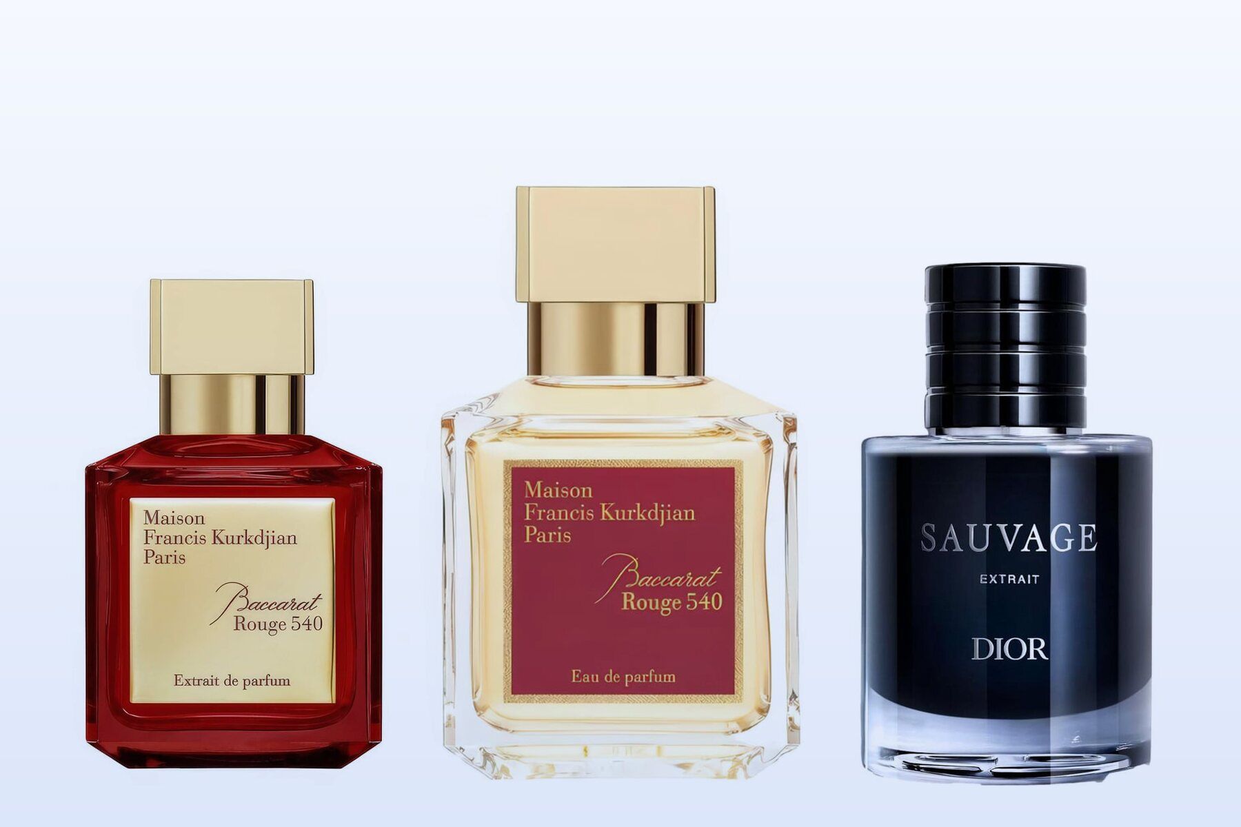 Baccarat Rouge 540 Extrait, Baccarat Rouge 540 and Sauvage Extrait on a pale blue background