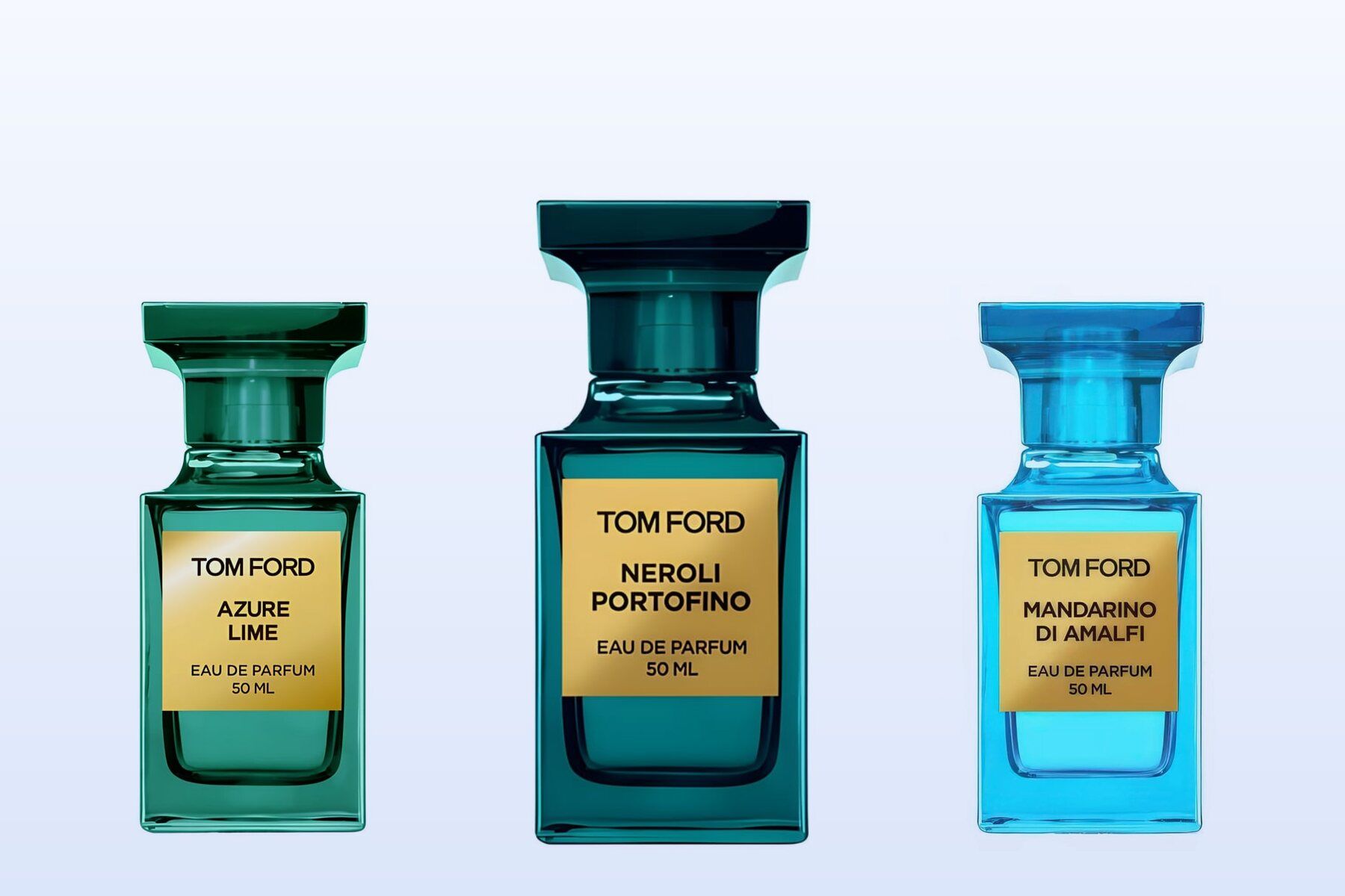 Three bottles on a pale blue background, Azure Lime, Neroli Portofino and Mandarino di Amalfi, all by Tom Ford
