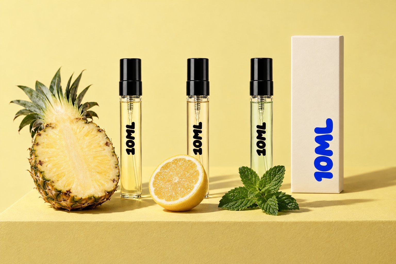 Drie 10ML-decants van 3ml met een halve ananas, een gehalveerde citroen en een takje munt, de noten van de Armaf-parfums
