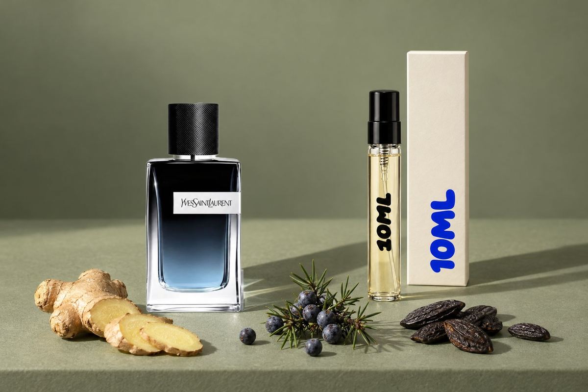Drie flacons op een lichtblauwe achtergrond, Paragon van Initio, Y Eau de Parfum van Yves Saint Laurent en Terre d'Hermès Eau Intense Vetiver