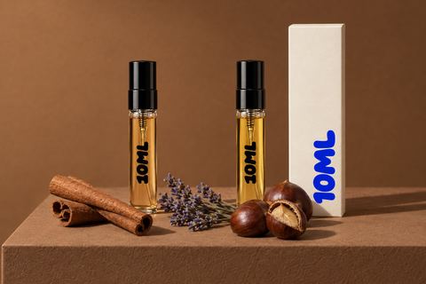 Twee 10ML-decants met parfums in warm amber en diep goud, met kaneelstokjes, kastanjes en gedroogde lavendeltakjes