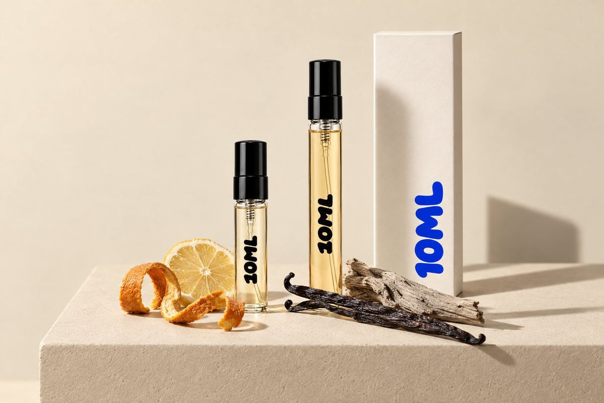 Un décant 10ML 3ml à côté d'un décant 10ML 10ml, avec devant de l'écorce d'agrume, des gousses de vanille et un morceau de bois