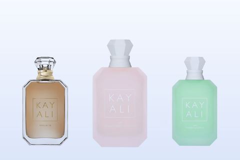 Kayali Vanilla 28, Yum Boujee Marshmallow 81 and Yum Pistachio Gelato 33 on a pale blue background