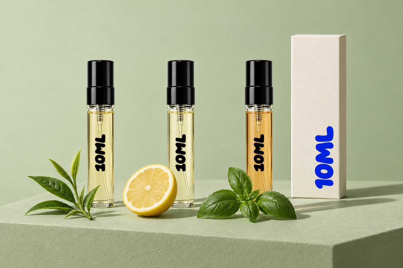 Three 10ML 3ml decants with fresh green tea shoots, a halved lemon and a basil sprig, the notes of green tea perfumes