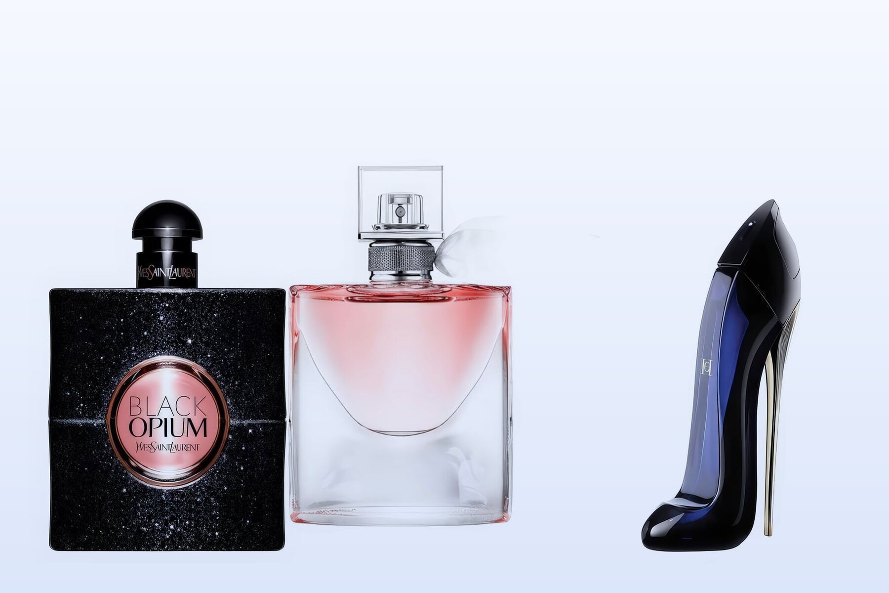Three bottles on a pale blue background, Black Opium, La Vie Est Belle and Good Girl